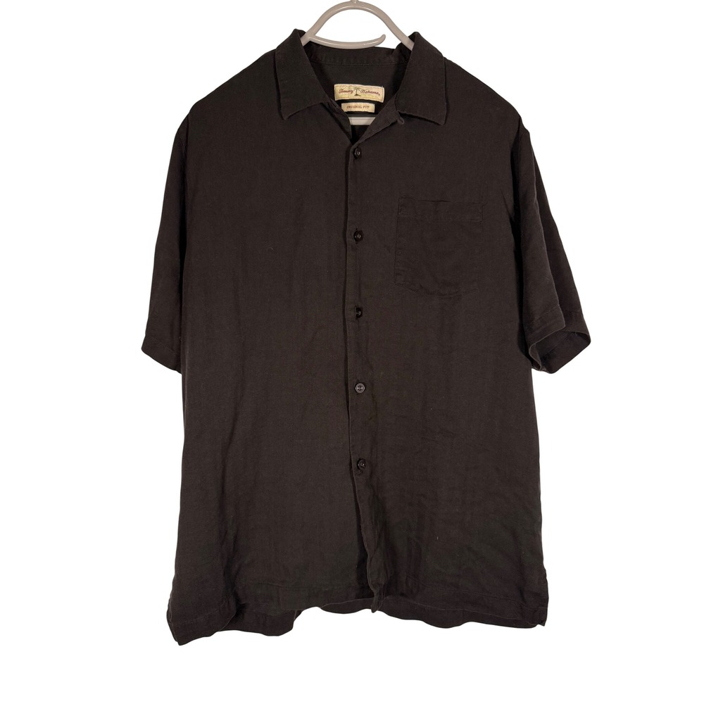 Tommy Bahama Mens Large Black SILK Rayon Herringbone Short Sleeve Camp Shirt L